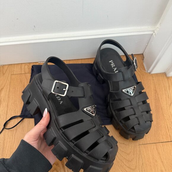 Prada Monolith Platform Sandals Black Strappy Cage Vamp Foam Rubber Sz 38 - Picture 3 of 11